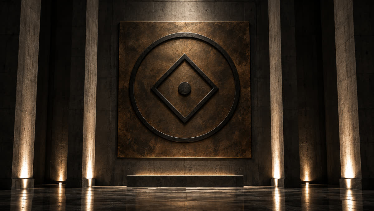 An ancient bronze plaque set into a brutalist wall, carrying the AURUM emblem in low relief.