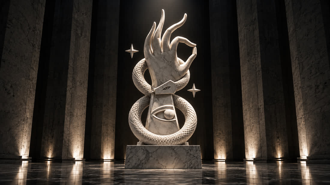The PekeBudha symbol: a monumental white sculptural hand with a serpent and an eye, in a dark room.